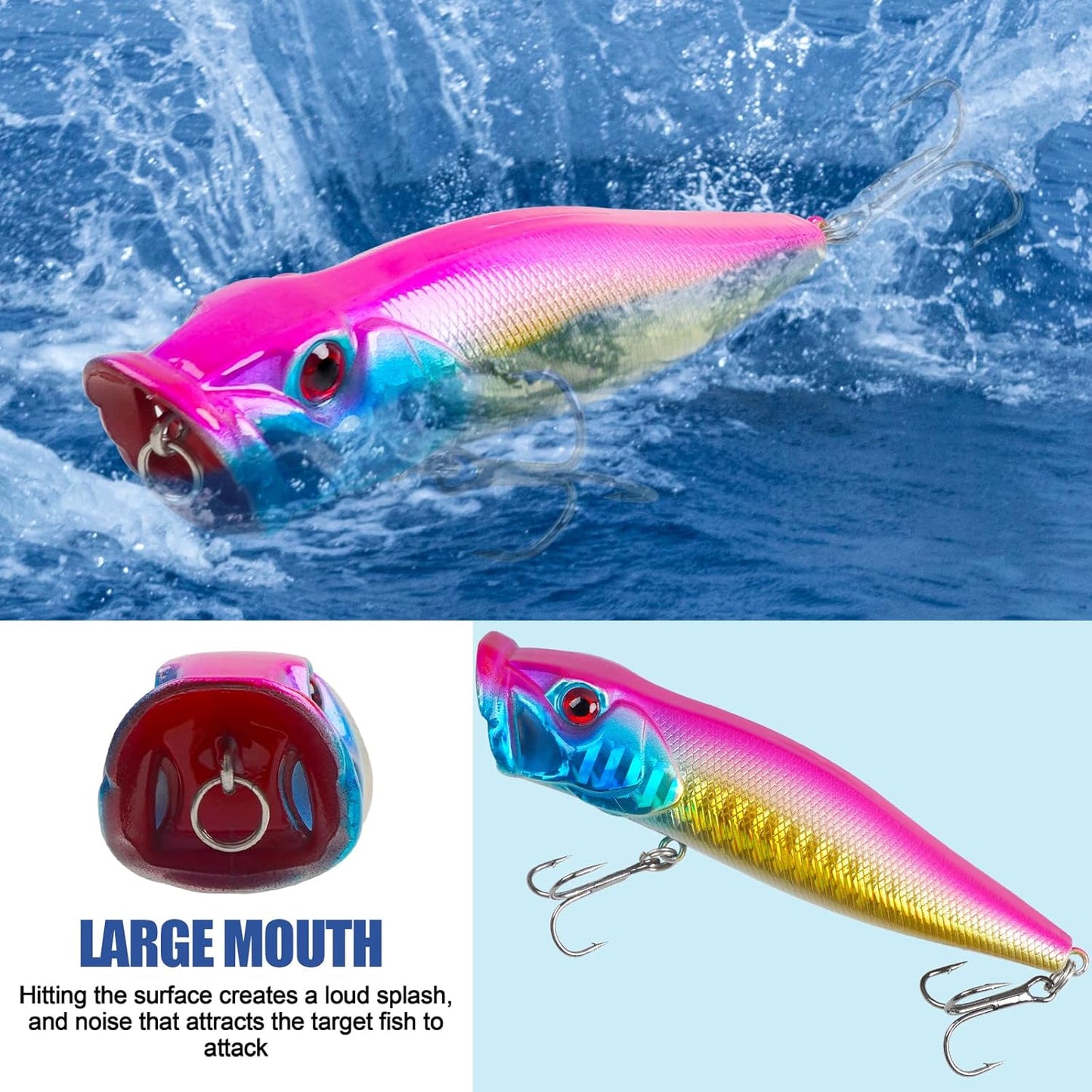 Topwater Popper Fishing Lure Bass Fishing Lures Hard Bait Lure with Treble Hook 3D Eyes Saltwater Popper Lures Surf Casting Lures Kit for Bass Trout Walleye Freshwater Saltwater Fishing