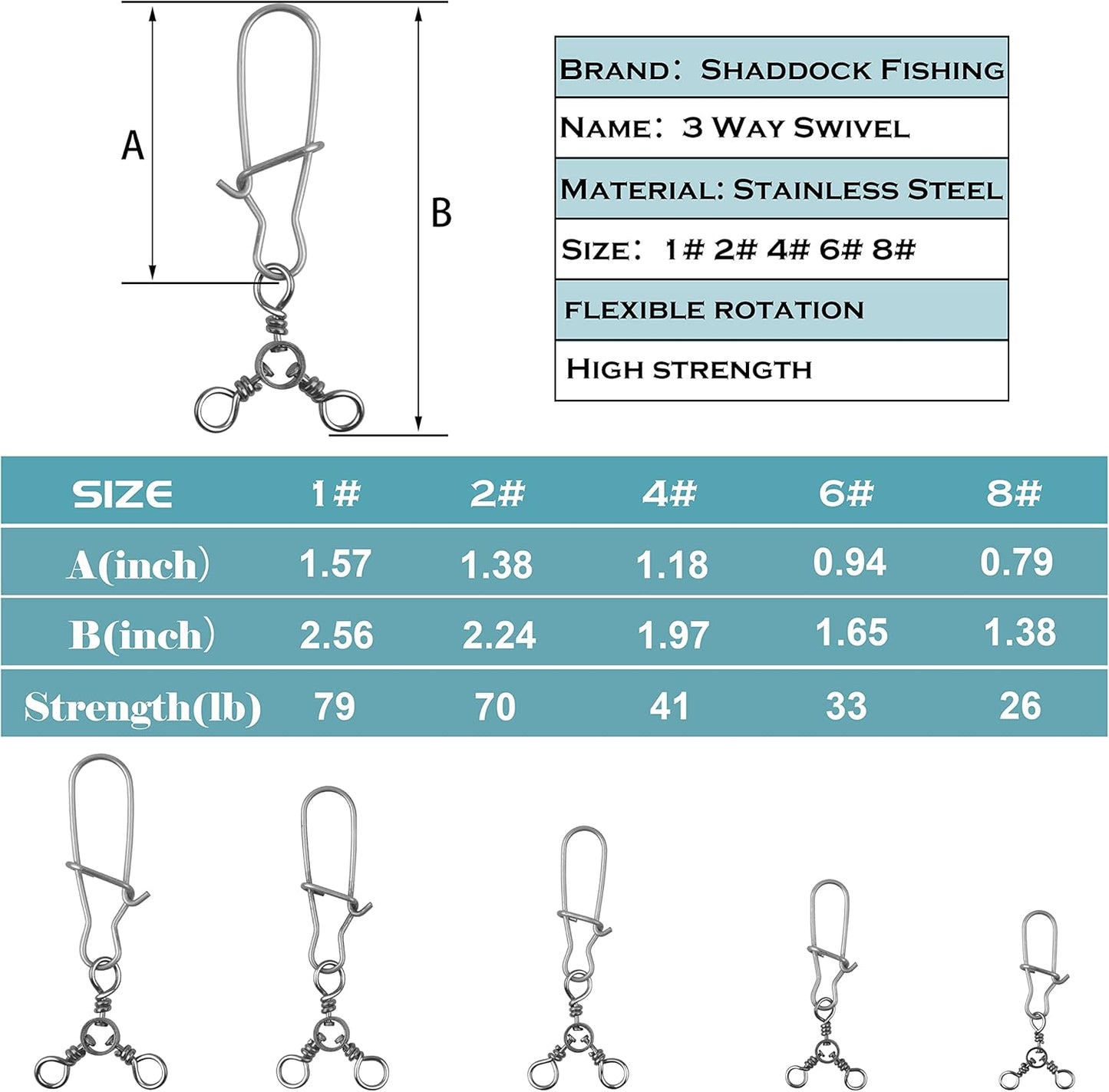 3 Way Snap Swivels Fishing Tackle, 25pcs High Strength T-Turn Fishing Swivels with Snaps Saltwater Fishing Lure Connectors for Trolling Catfish Rig