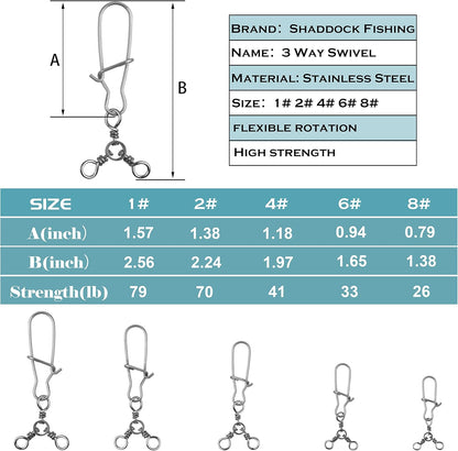 3 Way Snap Swivels Fishing Tackle, 25pcs High Strength T-Turn Fishing Swivels with Snaps Saltwater Fishing Lure Connectors for Trolling Catfish Rig