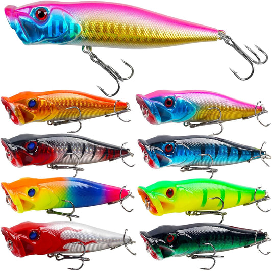 Topwater Popper Fishing Lure Bass Fishing Lures Hard Bait Lure with Treble Hook 3D Eyes Saltwater Popper Lures Surf Casting Lures Kit for Bass Trout Walleye Freshwater Saltwater Fishing