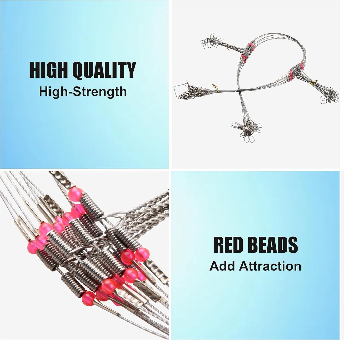 Fishing Leaders for Saltwater Freshwater, 12pcs Stainless Steel Leaders with Swivels Snaps Beads Wire Trace Leader for Lure Bait Hook Connector Fishing Line Tackle