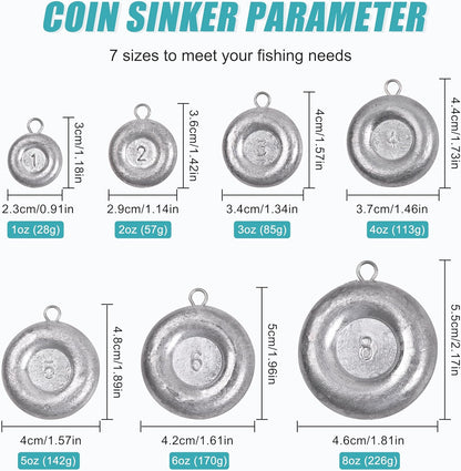 Disc Sinkers Fishing Weights, Coin Fishing Sinkers Weights Saltwater Surf Fishing Weights Bottom Drifting Trolling Catfishing Fishing Sinkers Saltwater Gear Tackle 1oz 2oz 3oz 4oz 5oz 6oz 8oz