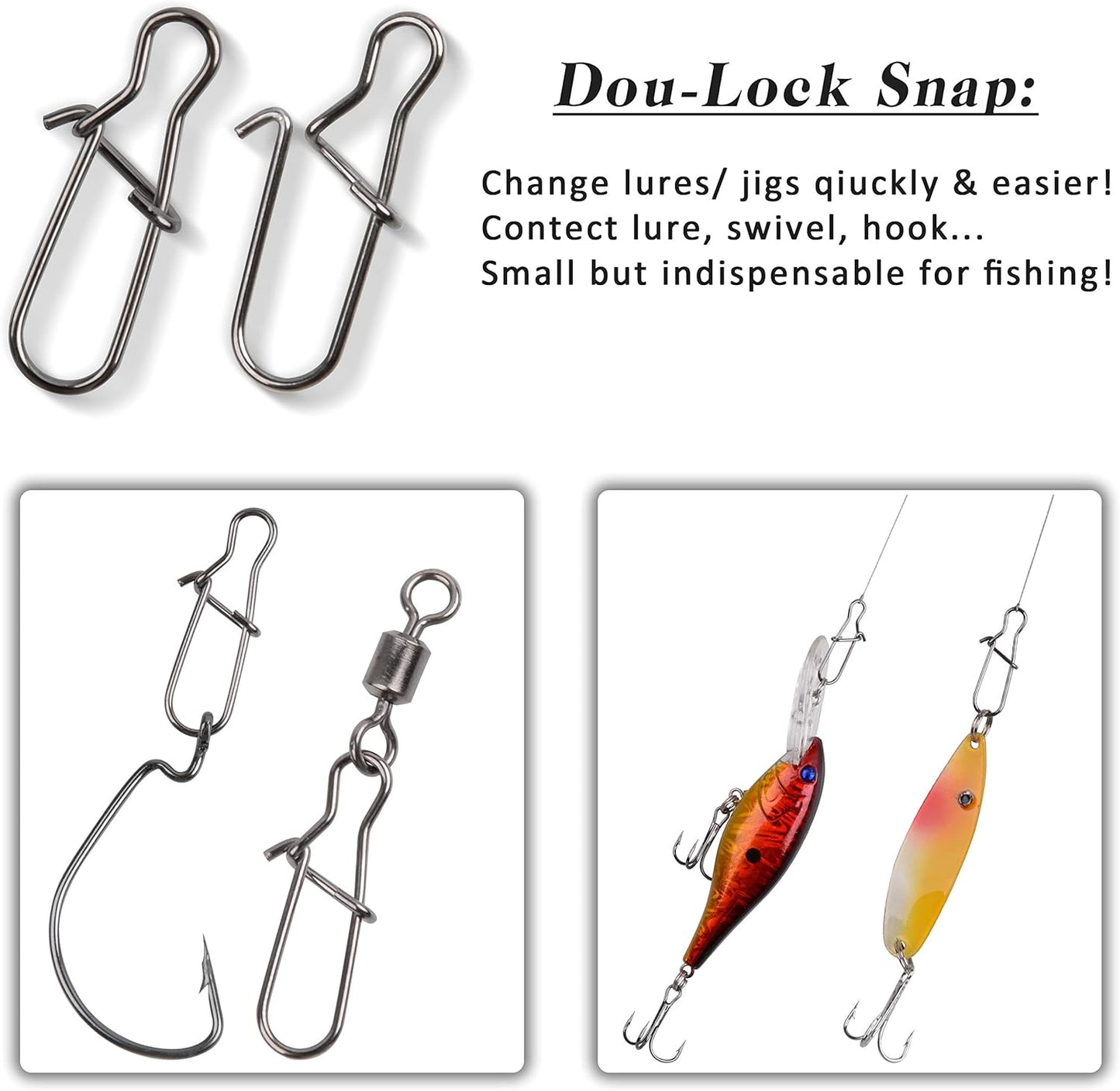 100 Pack Duo Lock Snaps Size 0-8 Black Nice Snap Swivel Solid Rings Stainless Steel USA Fishing Tackle Kit - Test: 26LB-220LB