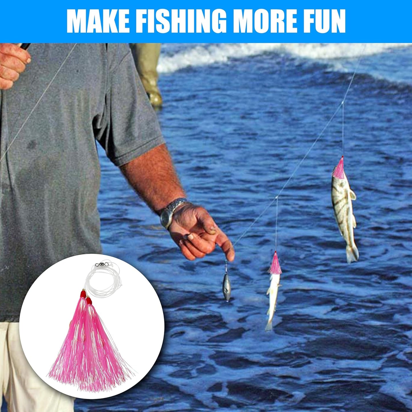 Fishing Bait Rigs Saltwater, 6pcs Fishing Rigs Flounder Rigs with Bucktail Teaser Mylar Teaser Saltwater Fishing Rigs Hi Lo Rig for Sea Bass Halibut Surf Ocean Fishing