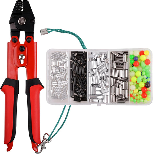 Fishing Crimping Tool Kit, Fishing Crimp Pliers with 500pcs Crimp Sleeves Beads Set, Heavy Duty Wire Leader Rope Crimper Tool Wire Cutter Aluminum Copper Loop Sleeves