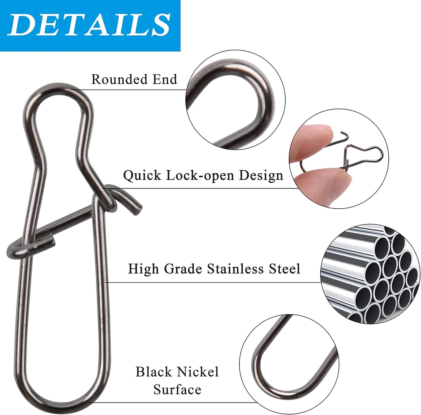 100 Pack Duo Lock Snaps Size 0-8 Black Nice Snap Swivel Solid Rings Stainless Steel USA Fishing Tackle Kit - Test: 26LB-220LB