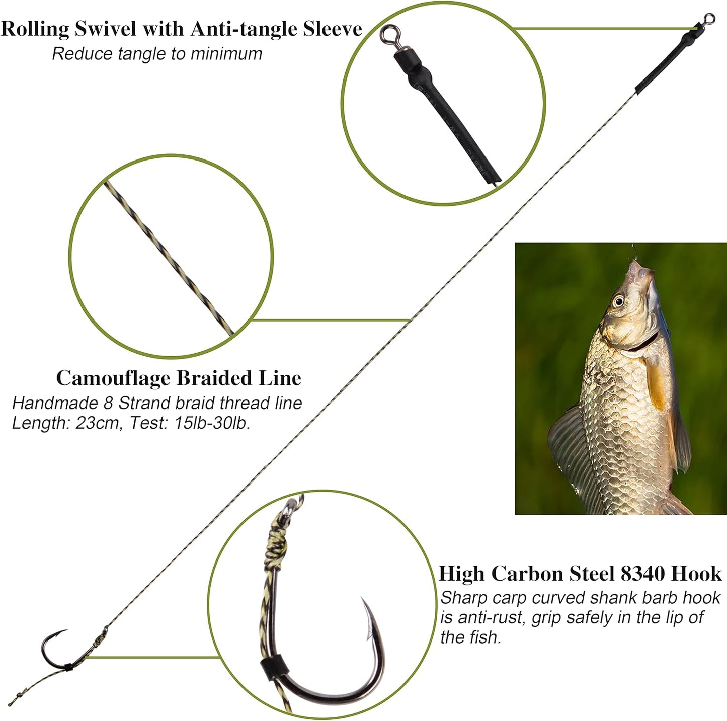 Carp Fishing Hair Rigs Kit - 18pcs High Carbon Steel Hook Rolling Swivel Boilies Carp Fishing Rigs with 2 Card Boilie Bait Stops 4 Sizes Stringer Needles 30pcs Soft Corn Baits