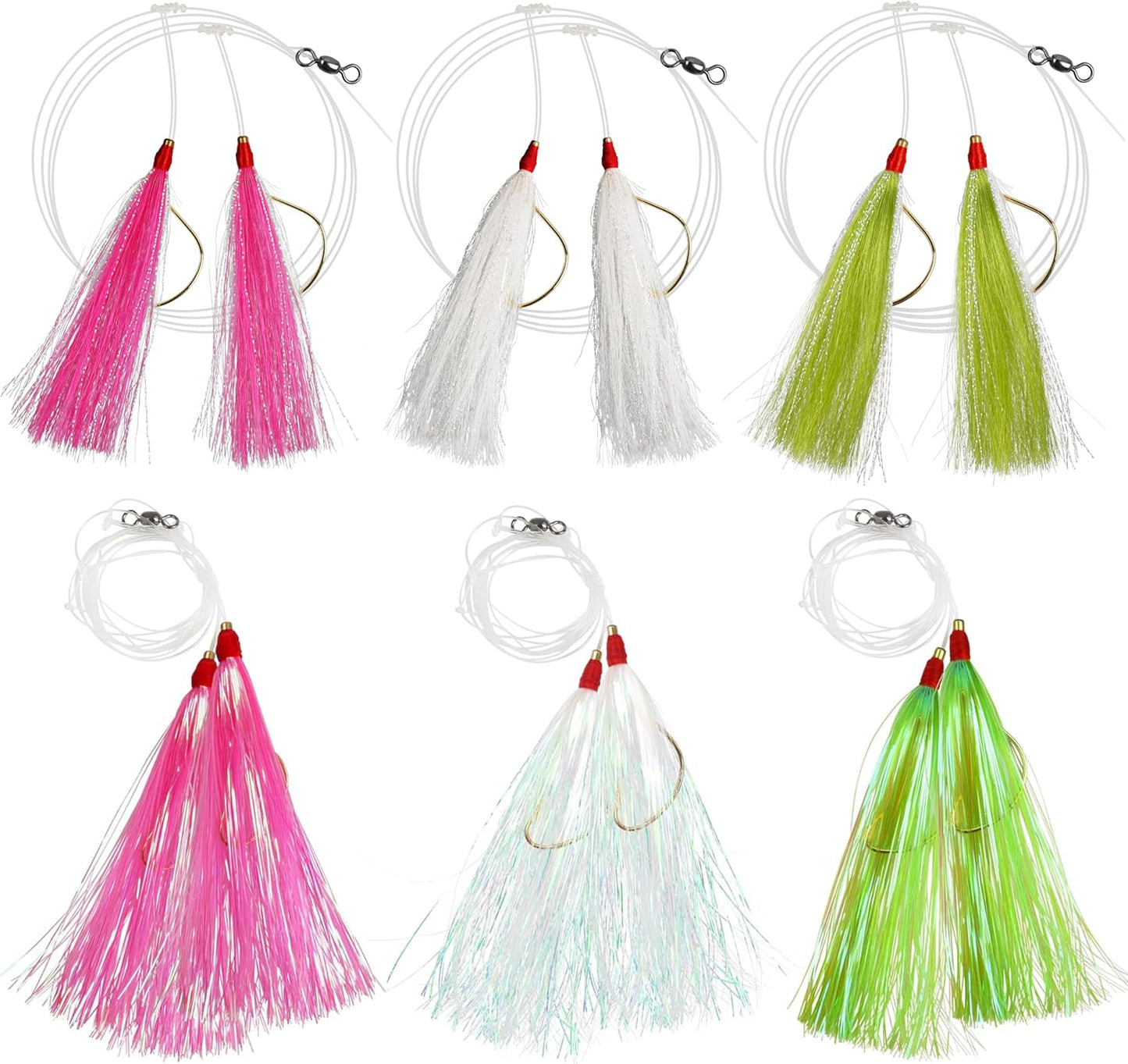 Fishing Bait Rigs Saltwater, 6pcs Fishing Rigs Flounder Rigs with Bucktail Teaser Mylar Teaser Saltwater Fishing Rigs Hi Lo Rig for Sea Bass Halibut Surf Ocean Fishing