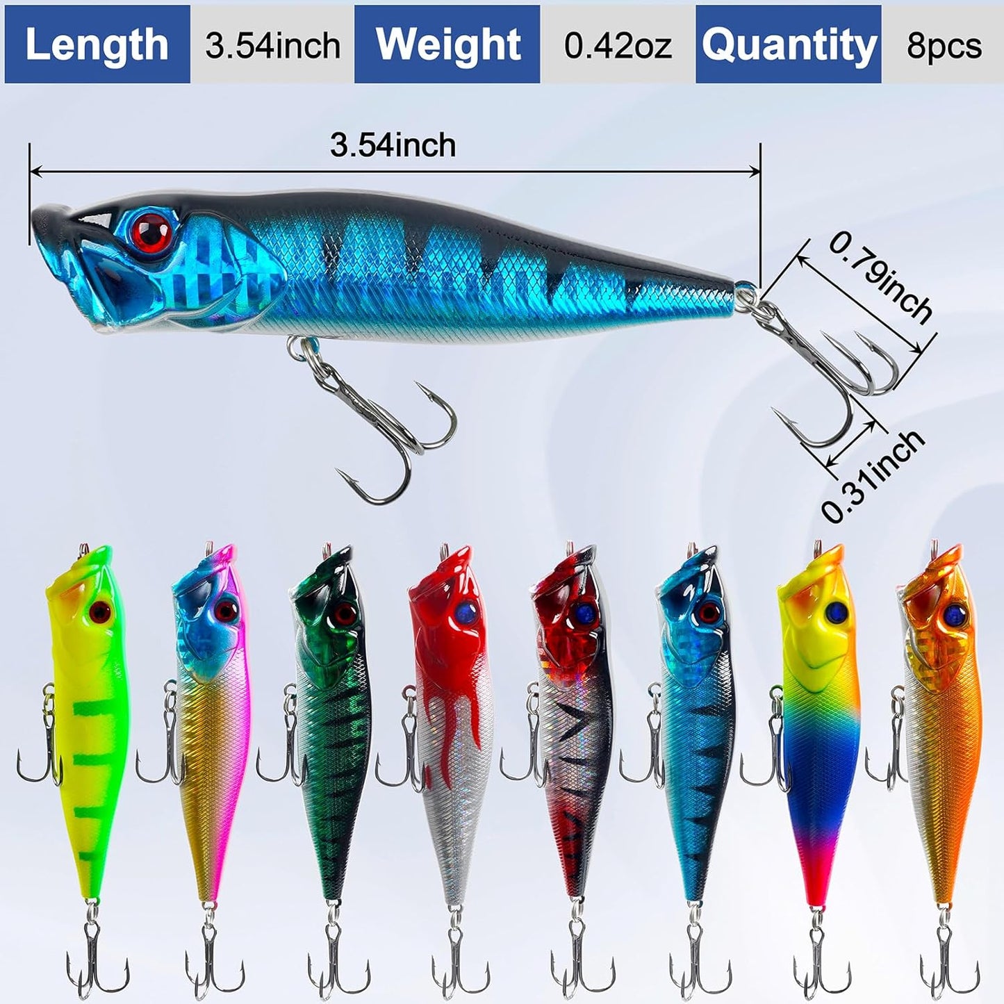 Topwater Popper Fishing Lure Bass Fishing Lures Hard Bait Lure with Treble Hook 3D Eyes Saltwater Popper Lures Surf Casting Lures Kit for Bass Trout Walleye Freshwater Saltwater Fishing