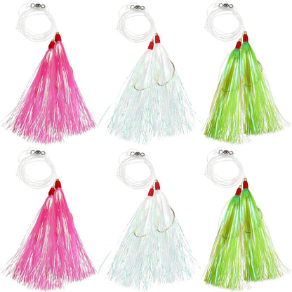 Fishing Bait Rigs Saltwater, 6pcs Fishing Rigs Flounder Rigs with Bucktail Teaser Mylar Teaser Saltwater Fishing Rigs Hi Lo Rig for Sea Bass Halibut Surf Ocean Fishing