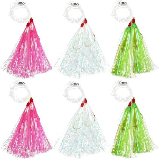 Fishing Bait Rigs Saltwater, 6pcs Fishing Rigs Flounder Rigs with Bucktail Teaser Mylar Teaser Saltwater Fishing Rigs Hi Lo Rig for Sea Bass Halibut Surf Ocean Fishing